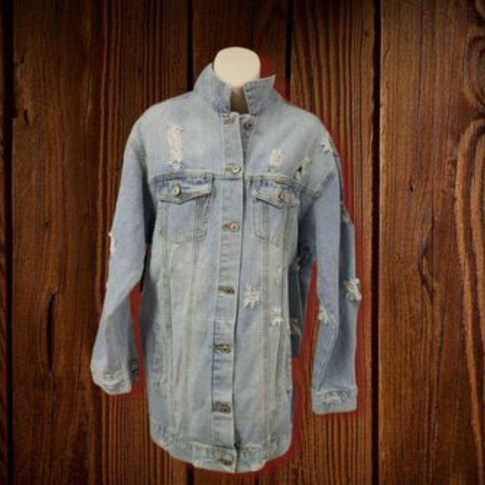 JudyBridal Oversize Denim Jacket for Women Ripped Jean Jacket Boyfriend Long